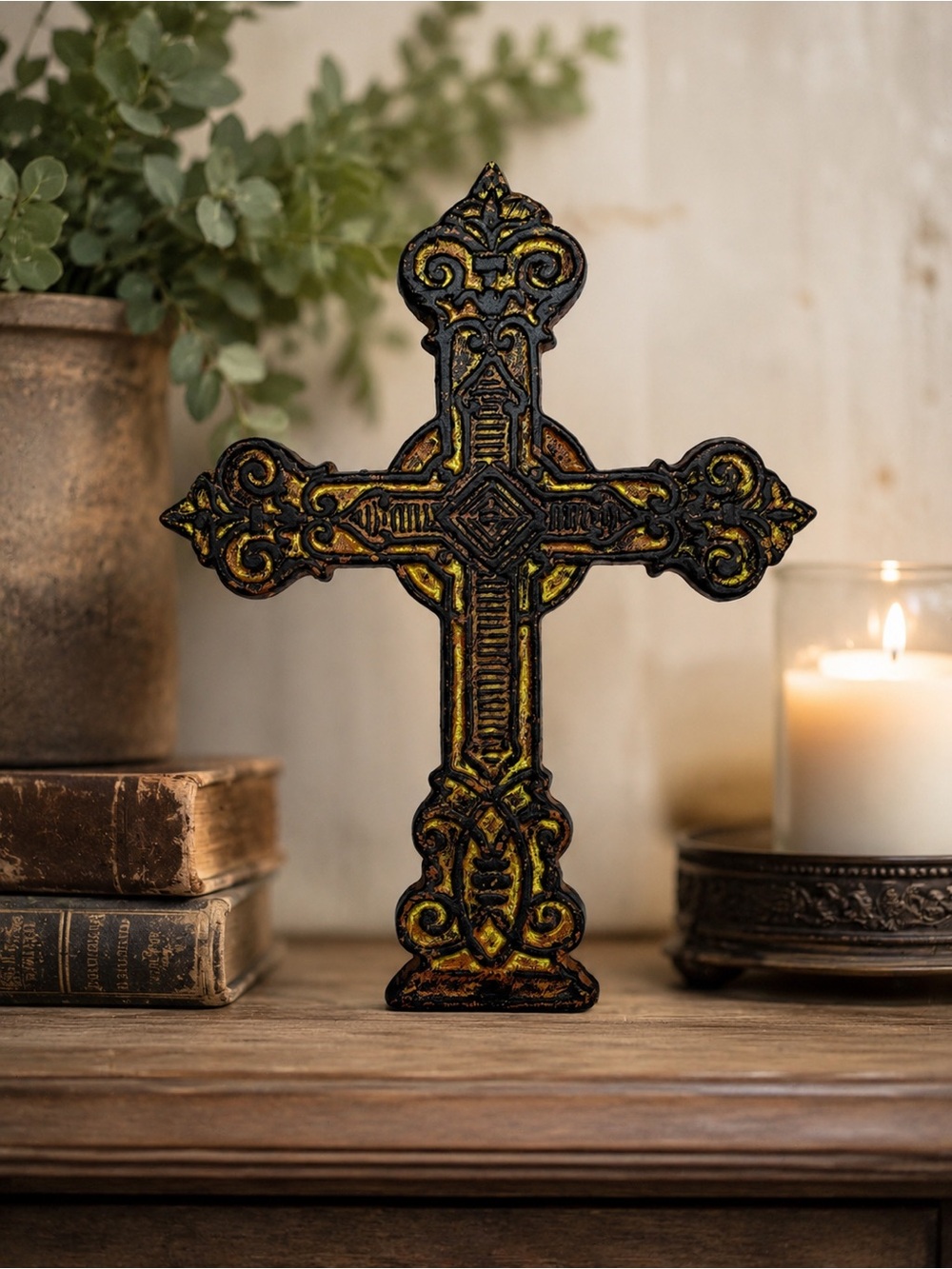 Ornate Gothic Wall Cross Bronze Gold Tone Christian Religious Decor 7"
